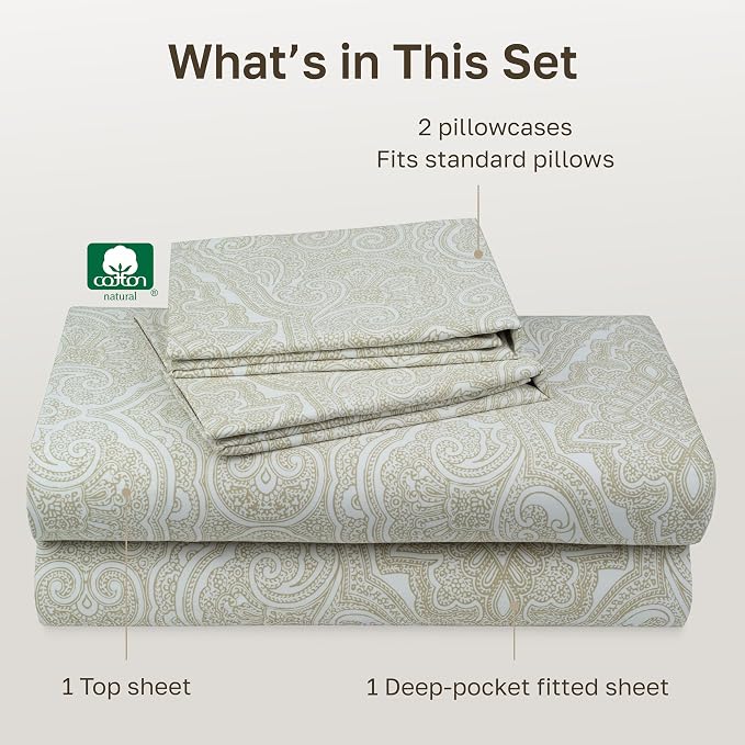 California Design Den Soft 100% Cotton Queen Size Sheets Deep Pocket, 4 Pcs | 400 Thread Count Backed by Good Housekeeping Seal, 16" Deep Pocket, All-Around Elastic, 4 Pc Set - Paisley Beige Print
