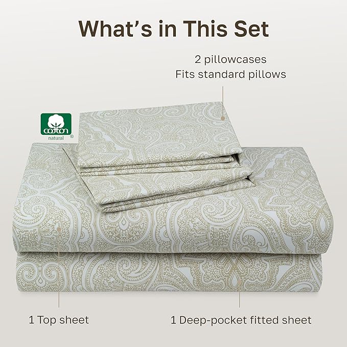 California Design Den 100% Cotton Sateen Full Sheets Deep Pocket Set | 400 Thread Count Backed by Good Housekeeping Seal, 16" Deep Pocket, All-Around Elastic, Durable, Easy Care - Paisley Beige