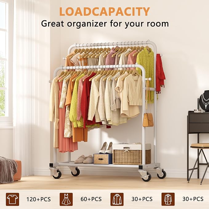 Laiensia Double Rods Garment Rack with Wheels, Clothing Rack for Hanging Clothes,4 Hooks, Multi-functional Bedroom Clothes Rack, White