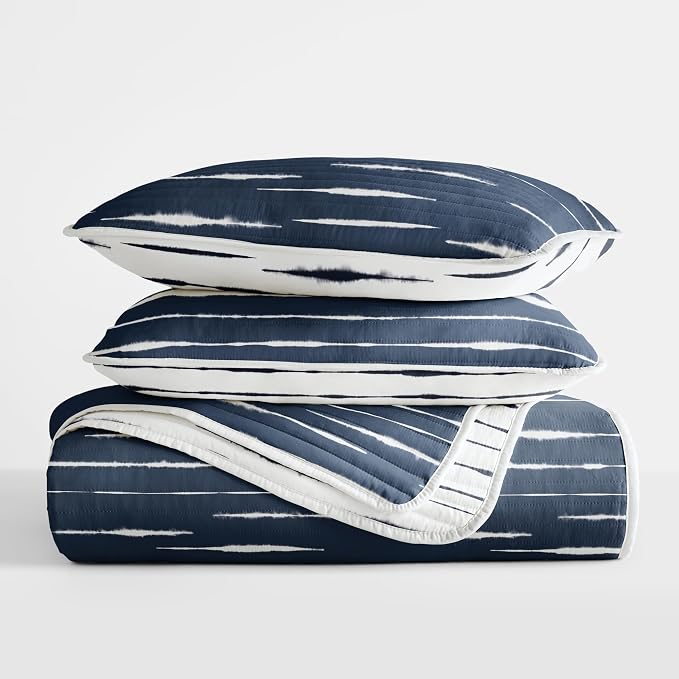 Merit Linens Soft Quilt Coverlet Bedding Set - Reversible Patterns - Full/Queen Navy