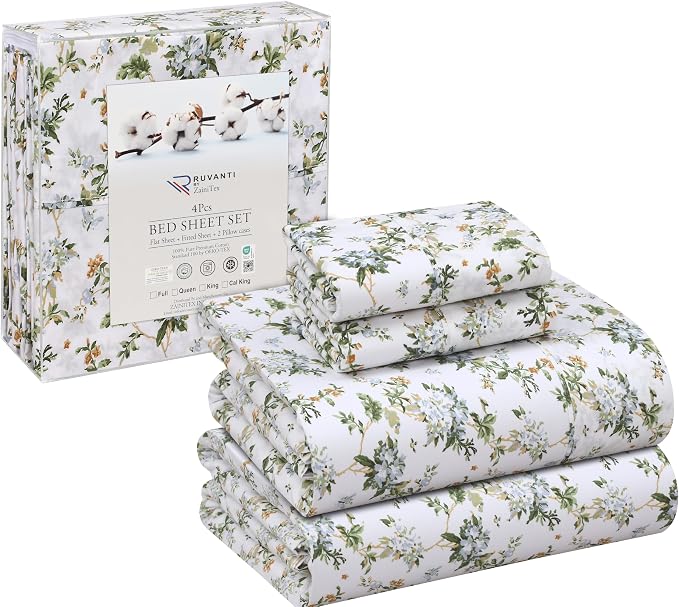 RUVANTI 100% Cotton Percale Sheets King Size, Heritage | Crisp Cooling, Deep Pocket 16", Soft Breathable & Durable, Hotel-Style, 4 Piece Set