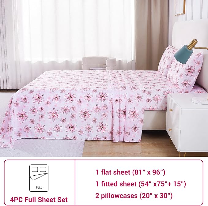 Softan Pink Floral Full Sheet Set, Cozy Printed Microfiber Bed Fitted Sheets with 15" Deep Pocket & Non-Slip Corner Straps, Girls Cherry Blossom Flower Patterned Double Sheets & Pillowcase Set