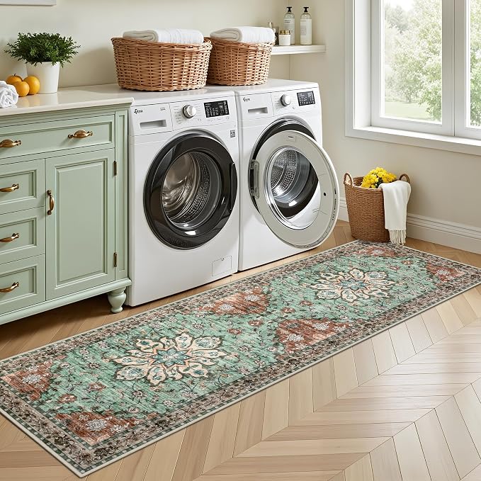 Hallway Runner Rug: 2.6x8 Kitchen Rugs for Living Room Brown Green | Runner Rug Hallway Washable Rug No Slip Soft Bedroom Rug Indoor Floor Stain Resistant Carpets for Entryway, Laundry, Bathroom