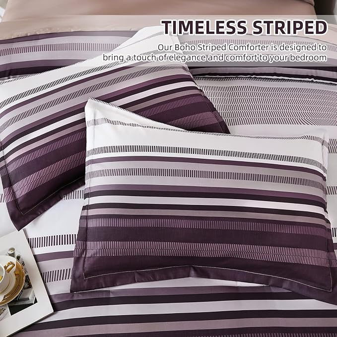 Dobuyly Purple Comforter Set Queen Size 7 Piece, Boho Striped Bed in a Bag Queen Soft Microfiber Bedding Sets with Comforter, Sheets, Pillowcases & Shams All Season