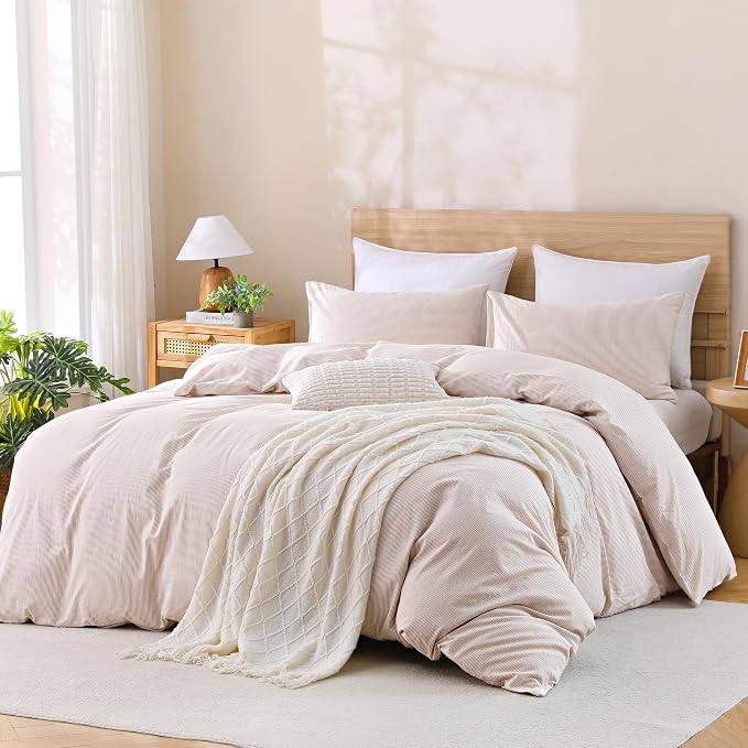 TOCOMOA Brown Striped Duvet Cover Set 100% Washed Cotton Like Linen, King | Linen-Like Feel Soft, Breathable & Comfy for All Season. Pinstriped Bedding Set with Zipper & 8 Ties. 3 Pcs, No Insert