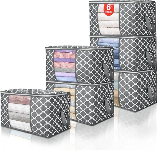 90L Large Storage Bags, 6 Pack Clothes Storage Bins Closet Organizers | Foldable Storage Containers, with Reinforced Handle, for Clothing, Blanket, Comforters, Bed Sheets, Pillows and Toys