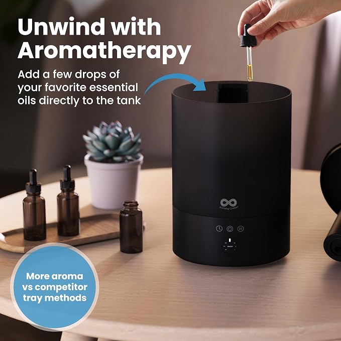 Everlasting Comfort 2.5L Top Fill Humidifier for Bedroom – 28dB Ultra-Quiet, Easy to Fill & Clean, 24HR Runtime, Night Light, Timer, Ultrasonic Cool Mist, Auto Shut-Off for Indoor Use - Black
