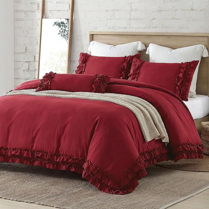 Burgundy Duvet Cover King Size Ruffled Bedding Set Vintage Lace Ruffle Elegant Bedroom Decor Shabby Chic Farmhouse Style Boho Chic Duvet Cover Set for All Season