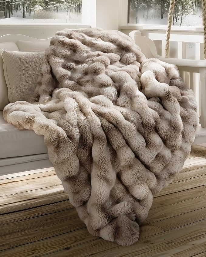 Ultra Soft Cozy Faux Fur Throw Blanket, Fuzzy Plush Thick Bubble Blanket, Oversize Luxury Fluffy Blanket for Couch, Bed, and Living Room, 60x80 Inches, Tie-Dye Light Taupe