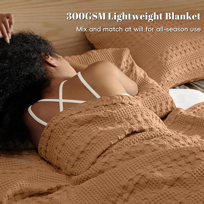 PHF Lightweight 100% Cotton Waffle Blanket for Bed, Twin XL, Clay | Pre-Washed Soft Cotton Comfort, Breathable Layering Warmth for Fall & Winter, Couch & Guest Room, Couch, Home Decor & Gifts