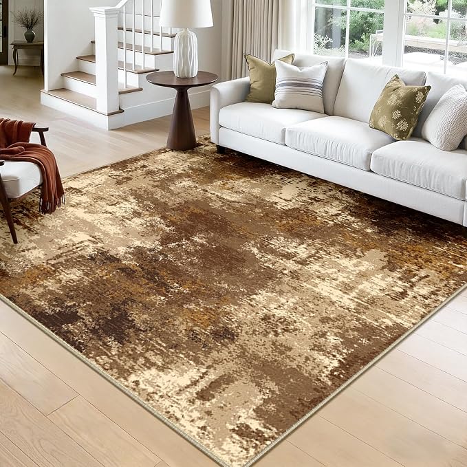 RELEANY Washable Square 8'x8' Area Rug for Living Room Brown Tan | Carpet for Bedroom, Kitchen, Office, Hallway and Entryway, Printed Pattern, Non‑Slip, Soft, Stain‑Resistant, Easy to Clean