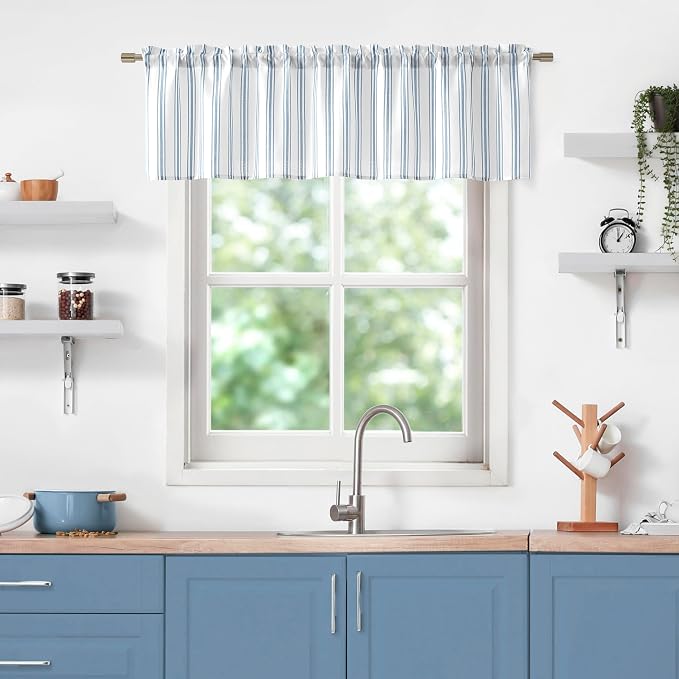 ZJDECOR Blue White Striped Semi Sheer Kitchen Curtain Valances,55" Wx15 Lx1 | Stripe Pattern Valance Cafe Curtains,Light Filtering,Rod Pocket,Modern,78% Polyester、22%Cotton,Small Window Treatment