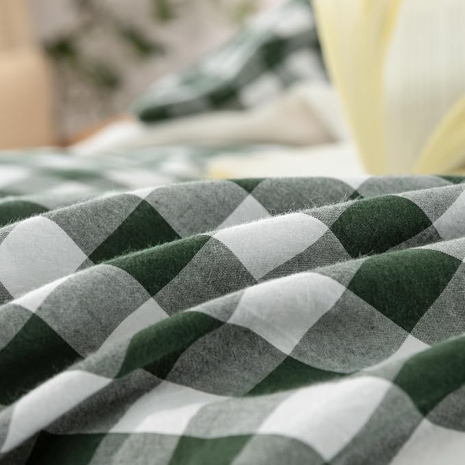 BESTOUCH Gingham Cotton Duvet Cover Set Green Super Queen | Washed Cotton, Linen Feel, Soft Wrinkle Texture, Hidden Zipper, 8 Ties, Breathable Lightweight Durable Comfy, 3 Pcs No Insert