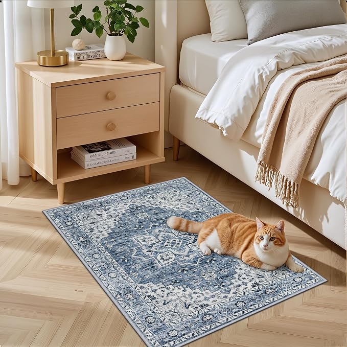 2x3 Area Rugs Living Room: Washable Vintage Rug for Bedroom Blue | Boho No Slip Stain Resistant Rug Soft Indoor Decor Floor Floral 2x3 Area Rugs for Dining Room, Nursery, Hallway, Home Office