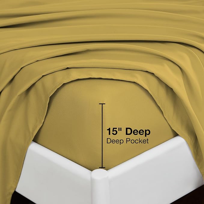 Softan Microfiber Twin Sheet Set with Non-Slip Straps, Mustard Yellow | 15" Deep Pocket Fitted Bed Sheets, Double Brushed Microfiber, Cozy Sheets & Pillowcase for All Season