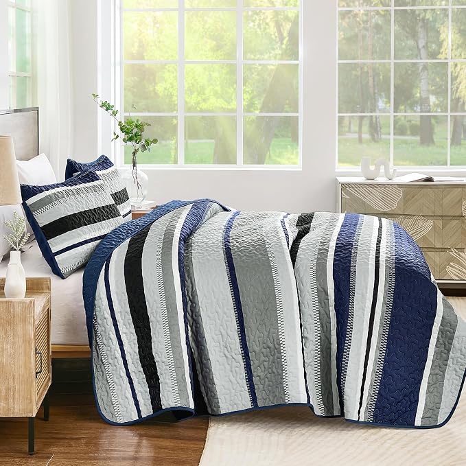 WONGS BEDDING Full Striped Quilt Set, Navy Blue Lightweight Bedspread | Lightweight Microfiber Coverlet, Breathable All-Season, Machine Washable, 3-Piece Set 90"x78", Great for Men Boys Dorm Room
