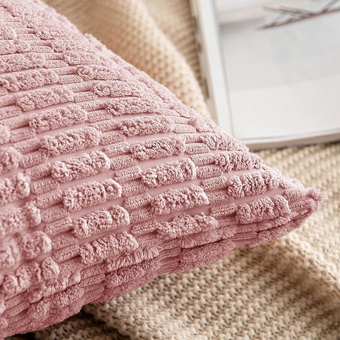 MIULEE Corduroy Decorative Throw Pillow Covers 18x18 Blush Pink Pack of 2 | Soft Boho Striped Pillow Covers Modern Farmhouse Home Decor For Sofa Living Room Couch Bed