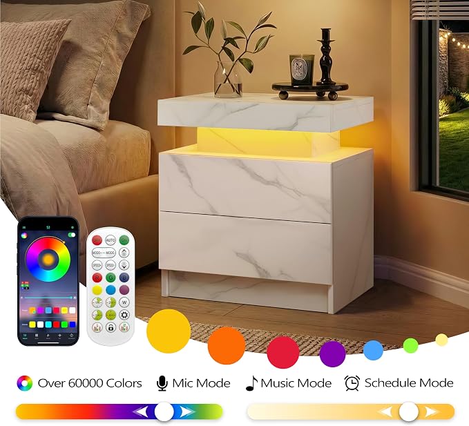 i-aplus White Modern LED Nightstand Set of 2 with 2 Wood Drawer for Bedroom | Nightstands with App-Controlled RGB LED Lights, Night Stand with Storgae Drawer, Modern Bedside Table for Bedroom