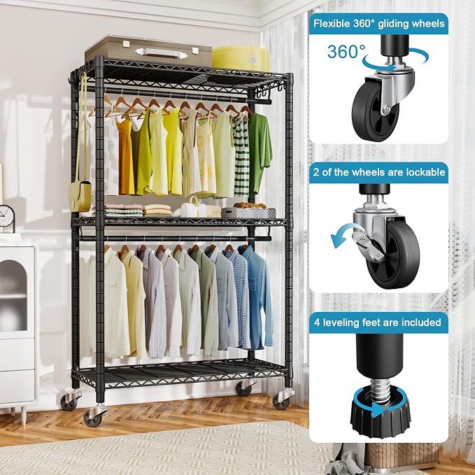 FUTASSI Rolling Clothes Rack, Clothing Racks for Hanging Clothes, Black | P3 Heavy Duty Garment Rack with Wheels, Freestanding Portable Closet Racks 39.4'' W x 14'' D x 78.5'' H, Max Load 470 LBS