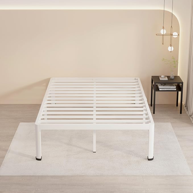 MAF 14 Inch Full Size Metal Platform Bed Frame White with Round Corner Legs | Mattress Baffle, 3000 LBS Heavy Duty Steel Slat Support, Noise Free, No Box Spring Needed, Easy Assembly, 12.4" Storage Space