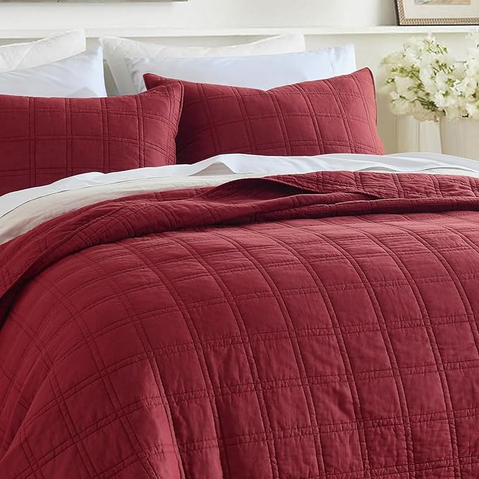 HORIMOTE HOME 100% Cotton Quilt Set Queen Size, Burgundy Pre-Washed Bedspreads Coverlet Set in Geometric Pattern, Cozy Lightweight Stitching Decorative Bedding Cover with 2 Shams for All Season