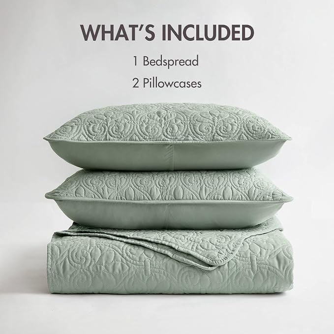 Madison Park Twin Quilt Bedding Set, Cottage-Inspired Damask, 2PC | All Season Quilted Coverlet, Classic Stitch Pattern Bedspread & Shams, Ultra Soft Microfiber Bedspread Set, Seafoam