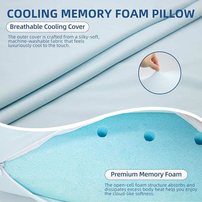 HIMOON Cooling Memory Foam Pillow, Bed Pillow for Sleeping, Standard Size, Breathable Memory Foam, Premium Support with Washable Cover for Back, Side and Stomach Sleepers (2 Packs)