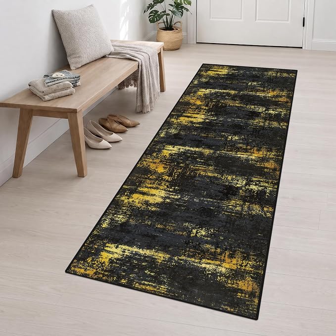 3x10 Washable Runner Rug：Modern Abstract Soft Carpet Black Gold | For Hallway, Bedroom, Kitchen, Laundry, Bathroom,Door Mat,Modern Abstract,Machine washable,Non-Slip,Stain Resistant,Indoor