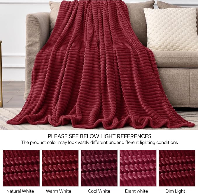 BEDELITE Ribbed Jacquard Burgundy Fleece Twin Blanket for Couch, 60x80 Inch | Soft Warm Fluffy Blanket for Bed Sofa College Dorm Room Decor, Luxury Cozy Plush Birthday Gifts for Women Girls, Lightweight