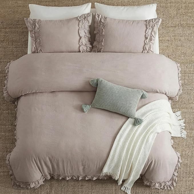 Bedorm Taupe Duvet Cover Set King Ruffle Bedding Set Pleat Ruffled Shabby Chic Comforter Cover Extra Soft & Easy Care Boho Duvet Cover with Zipper Closure