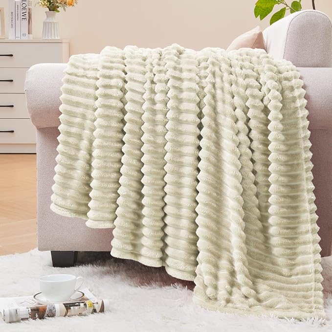 BEDELITE Ribbed Jacquard Beige Fleece Throw Blanket for Couch, 50x70 Inch | Soft Warm Decorative Fluffy Blanket, Cozy Plush Lightweight Fuzzy Throw Blanket for Bed Sofa Home Room Decor, Gift for Women