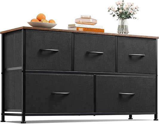 WLIVE Dresser for Bedroom, 5 Drawer Fabric Dresser, Black and Rustic Brown | 5 roomy fabric drawers, Wide storage design, Bedroom or closet use, Chest of drawers, Smooth wood tabletop