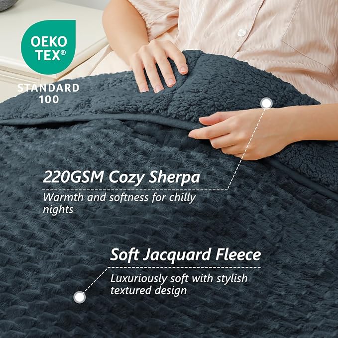 Mr. Sandman Weighted Blankets for Adults, Queen Size 60 x 80 Inches, 15lbs | Machine Washable; Soft Warm Sherpa Fleece; Jacquard Flannel with Glass Beads; Heavy Throw for Sleep and Calm; Midnight Blue