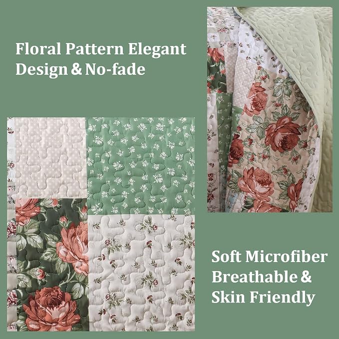 Anibedding Floral Patchwork Quilt Set Queen Size, Red Green Plaid Bedspread | Rustic Floral Boho Coverlet Set, Soft Lightweight Farmhouse Quilt Bedding Set 3 Pieces for All Season, 96''x90''