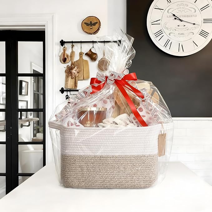 Goodpick Woven Storage Basket, Cotton Rope Basket for Dog Toys, Books, Stylish Gift Basket with Handles, 13 x 10 x 9 Inches Square Baskets for Organizing, Brown and White (Pack of 3)