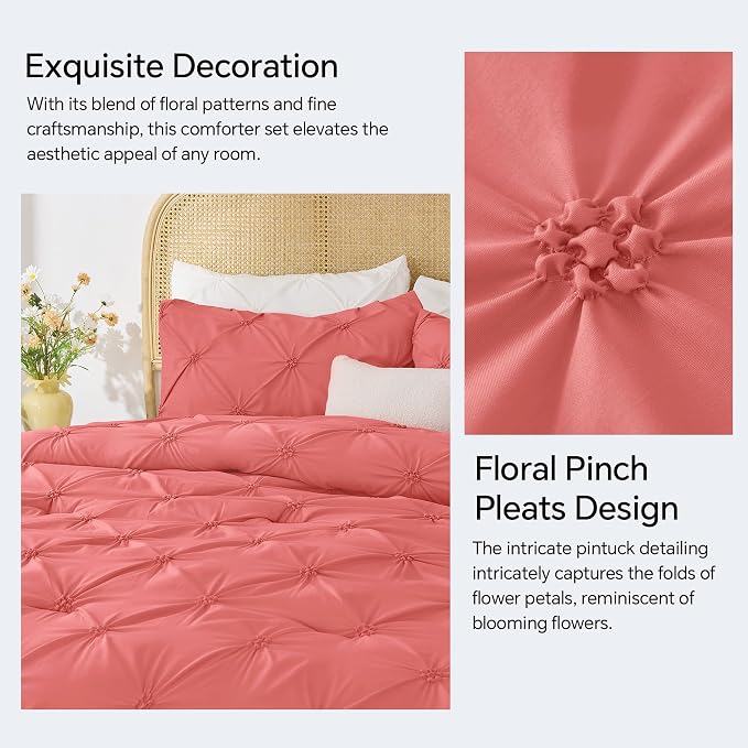 BEDELITE Queen Comforter Set Coral,Lightweight & Soft Comforter | Pintuck Boho Bedding, Warm & Cute Bed Set for All Season,With 2 Pillowcases