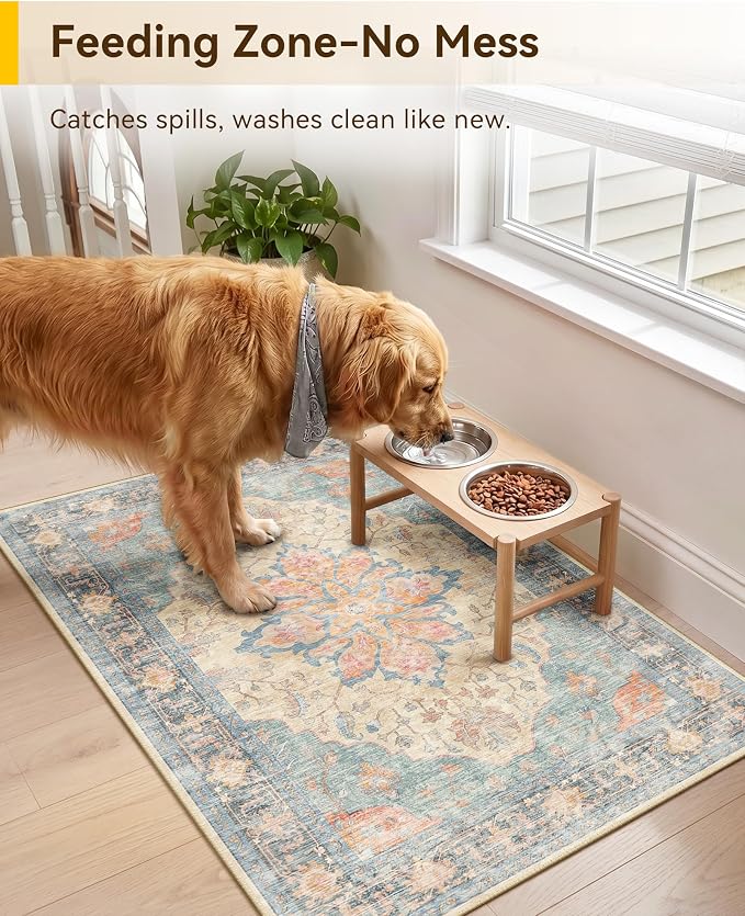 RELEANY Washable Area Rug, Small 2'x3', Blue/Orange/Red | Non-Slip, Water Repellent, Pet Friendly, Easy to Clean, Vintage Floral Boho Decor for Kitchen Entryway Bathroom