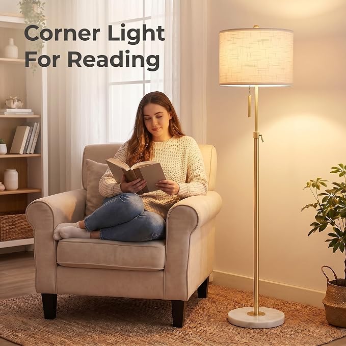 Qingmiao Gold Floor Lamps for Living Room, 55"-67" Height Adjustable Modern Tall Lamp, 3-Way Dimmable Standing Lamp for Bedroom Office Reading Corner Home Decor, New House Warming Gifts