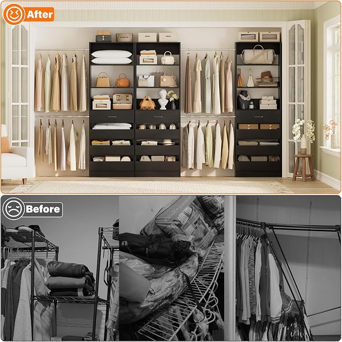 Aheaplus Closet System with 12 Drawers, 8.5-11.5Ft Wood Closet Organizer | Black Closet Storage with 4 Hanging Rods & 3 Towers, 4Ft & 6Ft L-Shaped Walk-in Closets Wardrobe Organizer, Set of 3