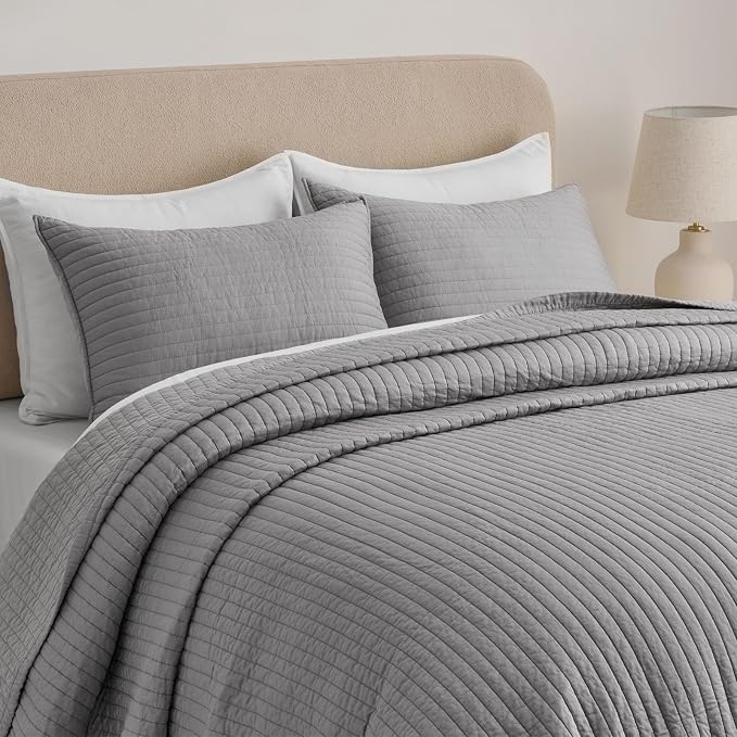 EVERGRACEHOME Cotton Sateen Quilt Set, Queen Size, Fog Gray | 100% Cotton, Channel Stitch Coverlet Bedspread, Pre-Washed Lightweight Soft Bedding Set for All Season, 3 Piece, with 2 Shams
