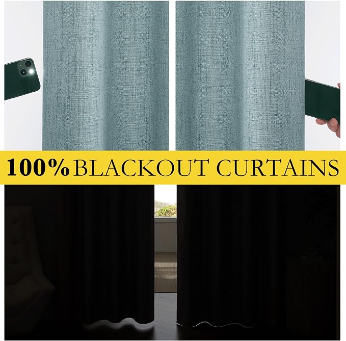 NICETOWN 100% Blackout Curtains for Kitchen 63" L Set of 2, Skylark Blue | Thermal Insulated, Flax Textured, Full Light Blocking Window Draperies for Nursery, Rod Pocket & Back Tab, W42" x L63" Each