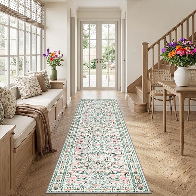 PLHXFR 3x10 Washable Runner Rug：Floral Indoor Kitchen Carpet Green Beige | For Hallway Bedroom Kitchen Laundry Bathroom Dorm,Vintage Floral,Machine washable,Non Slip,Stain Resistant,Indoor Floor