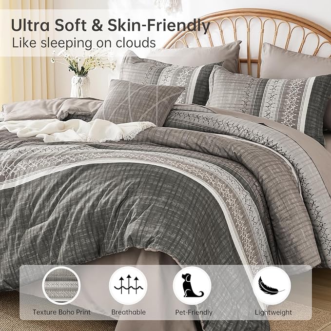 Dintszyayue Taupe King Comforter Size Set, 8 Pieces Striped Texture Bed in a Bag Bedding Sets, Lightweight Soft Comforter and Sheet Set, All Season Microfiber Teen Boys Bedding Sets for Men Women