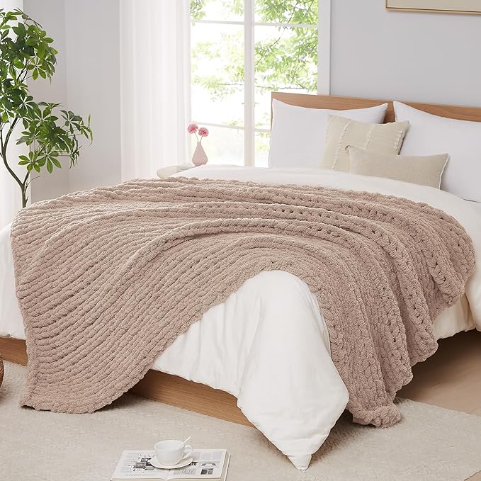 L'AGRATY Chunky Knit Throw Blanket for Couch, 72 x 84 Inches, Light Taupe | Handmade Chenille Crochet Blanket for Sofa Bed, Thick Cable Knitted Blankets for Room Home Decor, Birthday Gift for Women Mom
