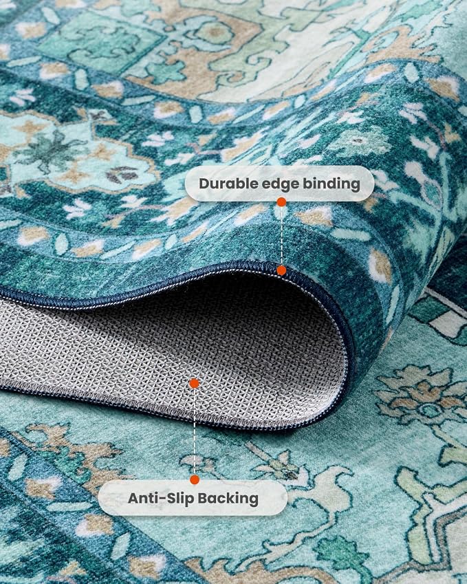 AMADA HOMEFURNISHING 8x10 Area Rug for Living Room, Vintage Washable Area Rug Low-Pile & Non-Slip Carpet for Bedroom Dining Room Nursery Home Office, Teal Blue