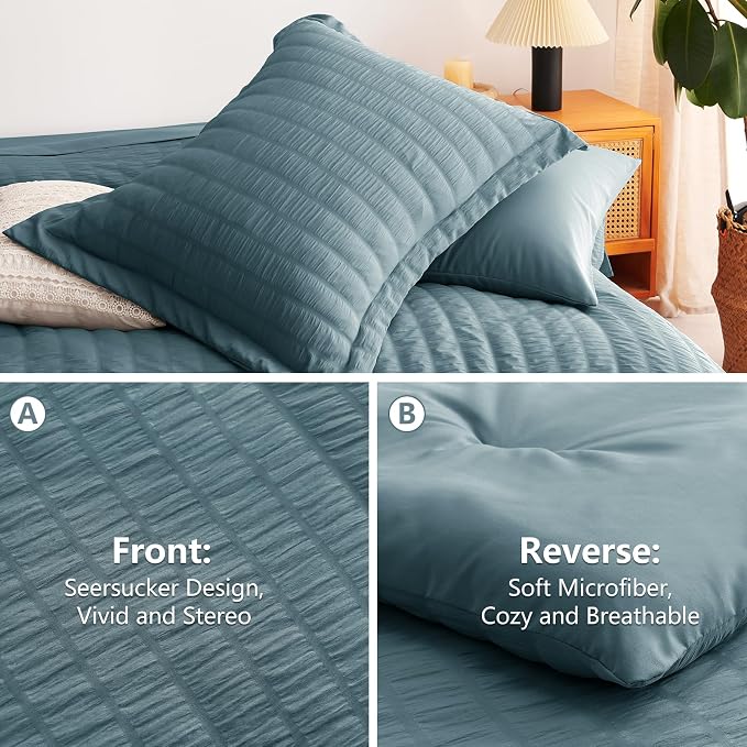 King Comforter Set, 7 Pieces Mineral Blue Seersucker Bed in a Bag | OEKO-TEX Certified, All Season Bedding Set with 240 GSM Down Alternative Comforter, Flat & Fitted Sheets, Pillowcases & Shams