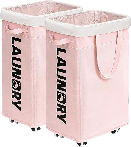 Goodpick 2-Pack Laundry Hamper with Wheels, Dorm Essentials for Girls,75L | Rolling Laundry Basket with Handles for Dirty Clothes, Fodable Hamper for Laundry Room College Dorm, Pink