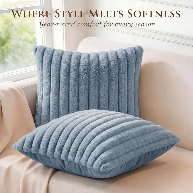 Pack of 2 Throw Pillow Covers 18x18 Decorative Solid Plush Faux Fur with Soft Velvet Back, Square Striped Cushion Cases Modern Farmhouse Home Decor for Living Room Couch Sofa Bed Serene Blue