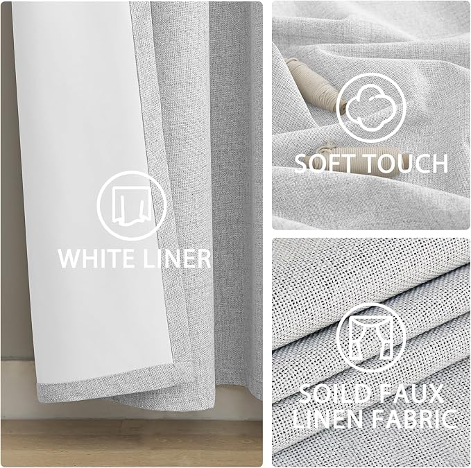 Yakamok White Linen Textured Curtains 63 Inches Long for Living Room | 100% Blackout Curtains,Room Darkening Curtains,Thermal Grommet Bedroom Curtain 2 Panels with Greyish White Liner,52W x 63L