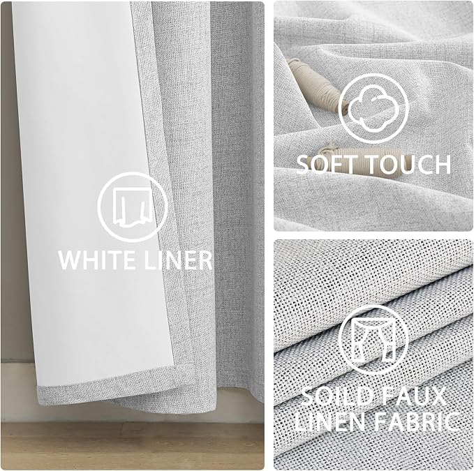 Yakamok White Linen Textured Curtains 72 Inches Long for Living Room | 100% Blackout Curtains,Room Darkening Curtains,Thermal Grommet Bedroom Curtain 2 Panels with Greyish White Liner,52W x 72L